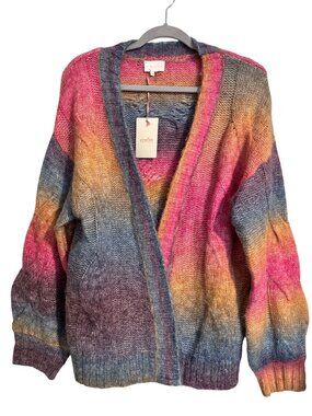 Entro Womens Multicolor Fuzzy Vibrant Rainbow Open Knit Cardigan Sweater